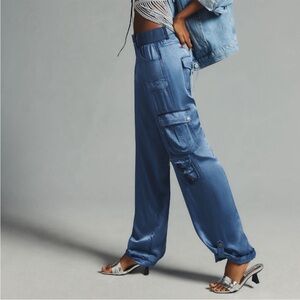 Anthropologie Blue Satin Cargo Pants